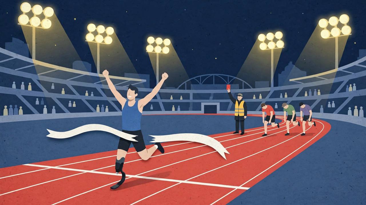 Editorial illustration of a para-athletics stadium finish line with an official holding up a red disqualification card