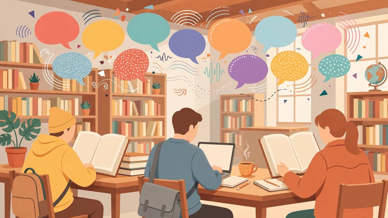 Editorial illustration of generic students and researchers in a library with colourful speech bubbles symbolising many languages and voice translation