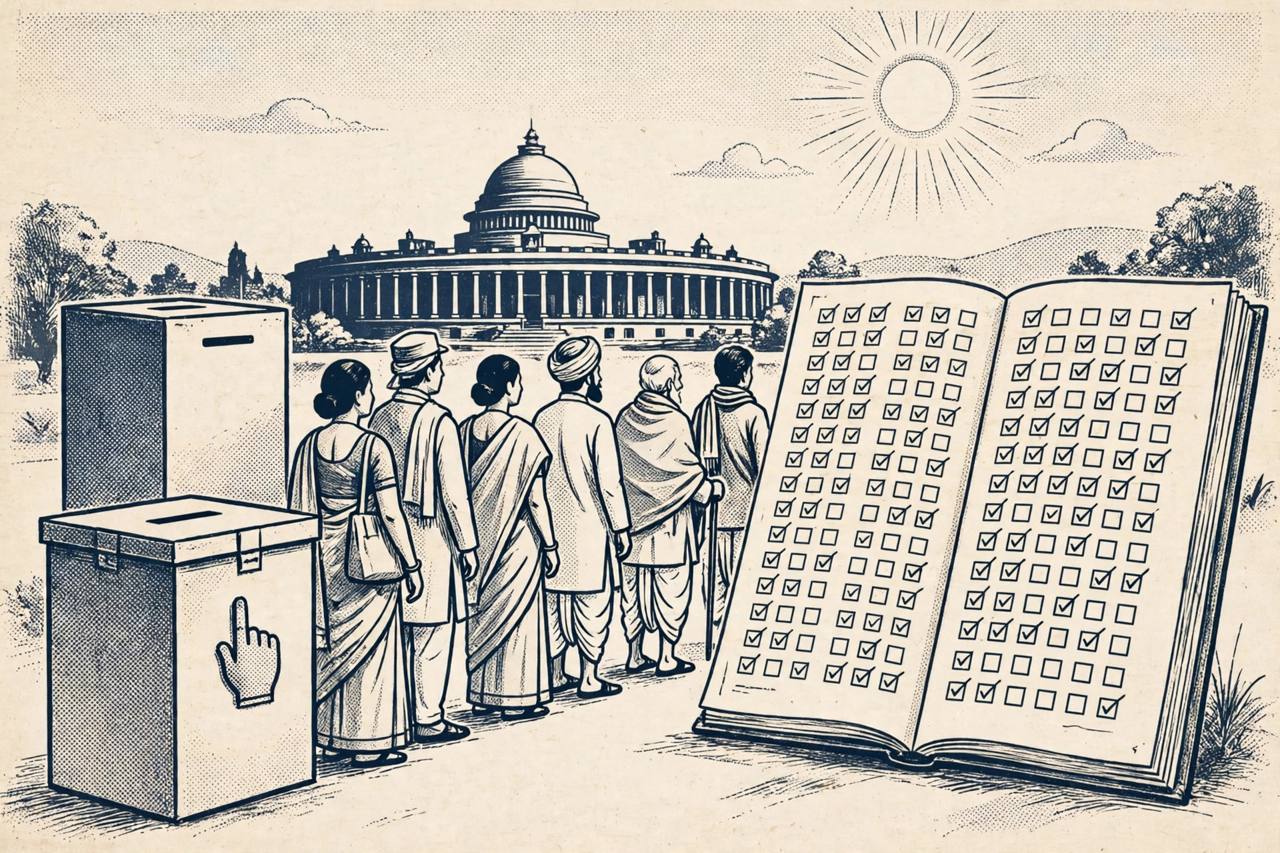 Editorial illustration of generic voters in a queue beside a ballot box and a large electoral roll document