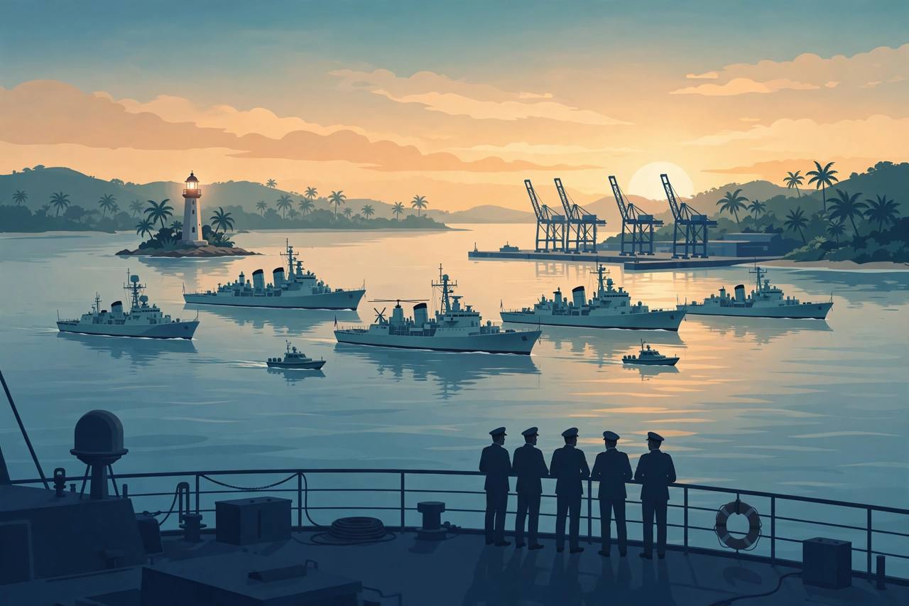 Editorial illustration of naval warships from several countries gathered in a tropical island harbour at dawn, with a lighthouse, port cranes and officers watching from a ship deck