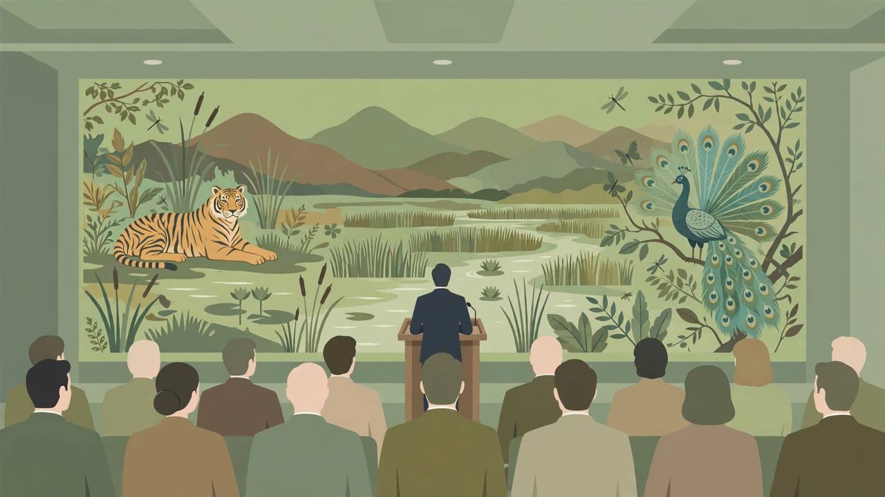 Editorial illustration of a delegate speaking at a podium at an environment conference, with a tiger, peacock, wetlands and mountains on the backdrop