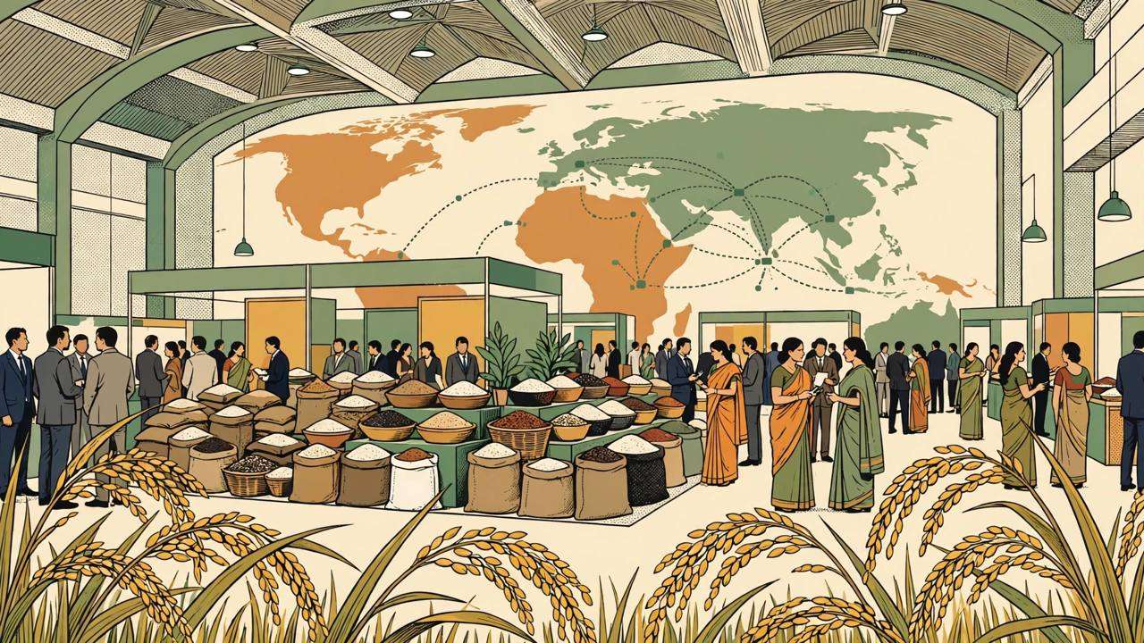 Editorial illustration of a rice trade conference hall with generic delegates, rice variety stalls and golden paddy stalks — flat style, no text, no real person's face