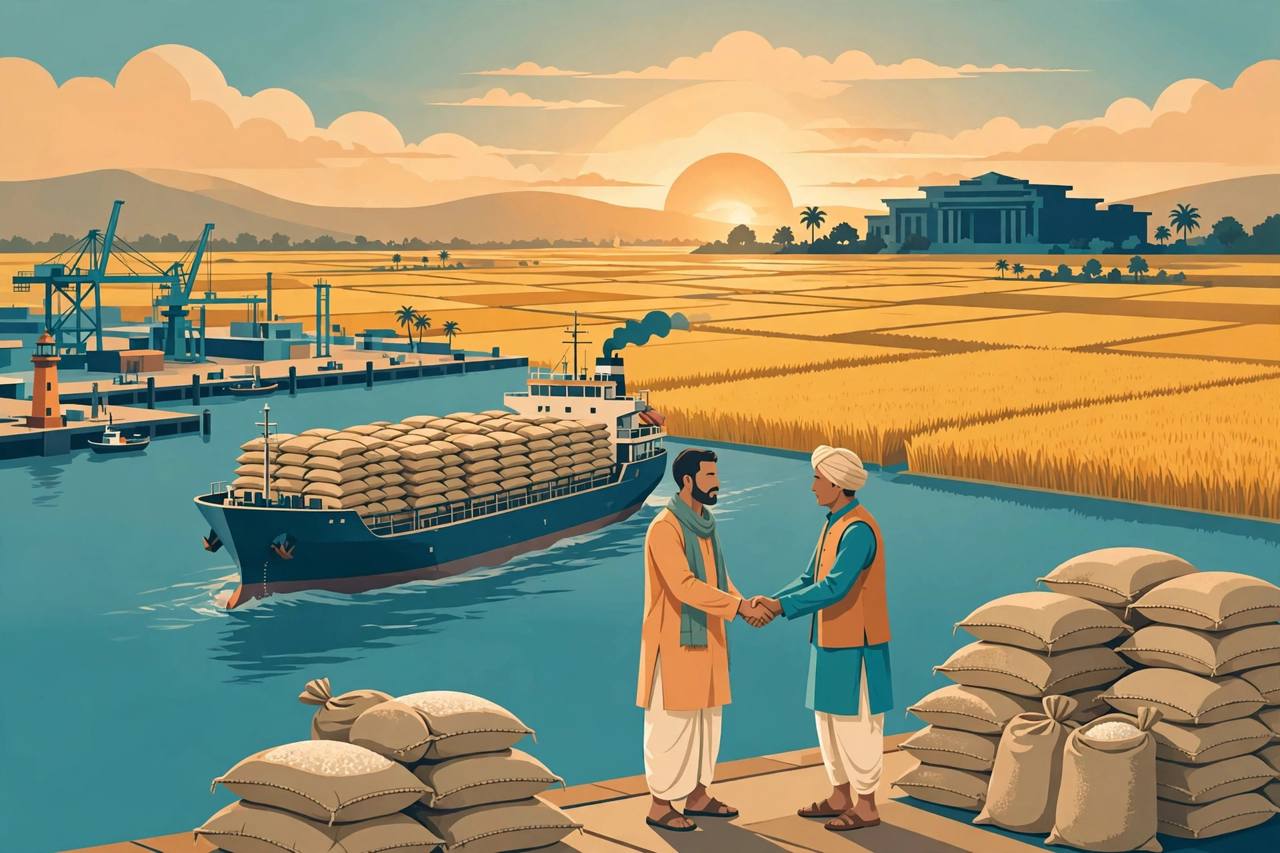 Editorial illustration of a cargo ship loaded with rice sacks leaving an Indian port beside golden paddy fields, with two generic traders shaking hands