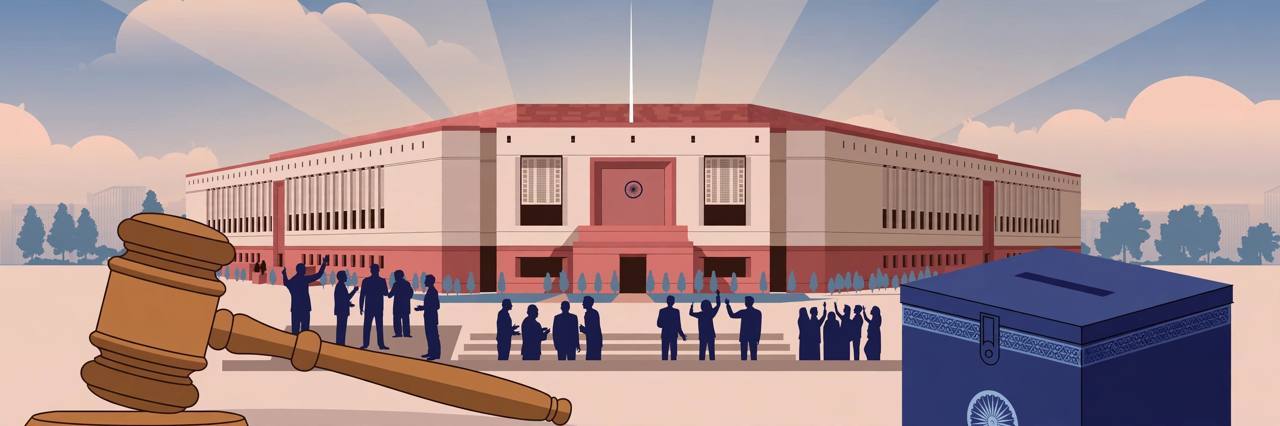 Editorial illustration of Parliament House with a gavel and ballot box, flat style, no text