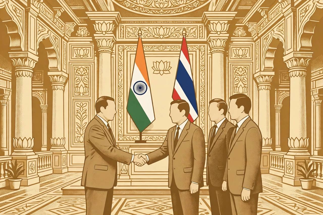 Editorial illustration of a generic parliamentary speaker shaking hands with a visiting senate delegation in an ornate parliament hall, with Indian and Thai flags behind them