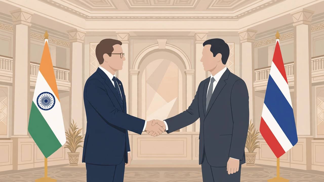 Editorial illustration of two generic parliament officials shaking hands in a parliament hall with Indian and Thai flags behind them