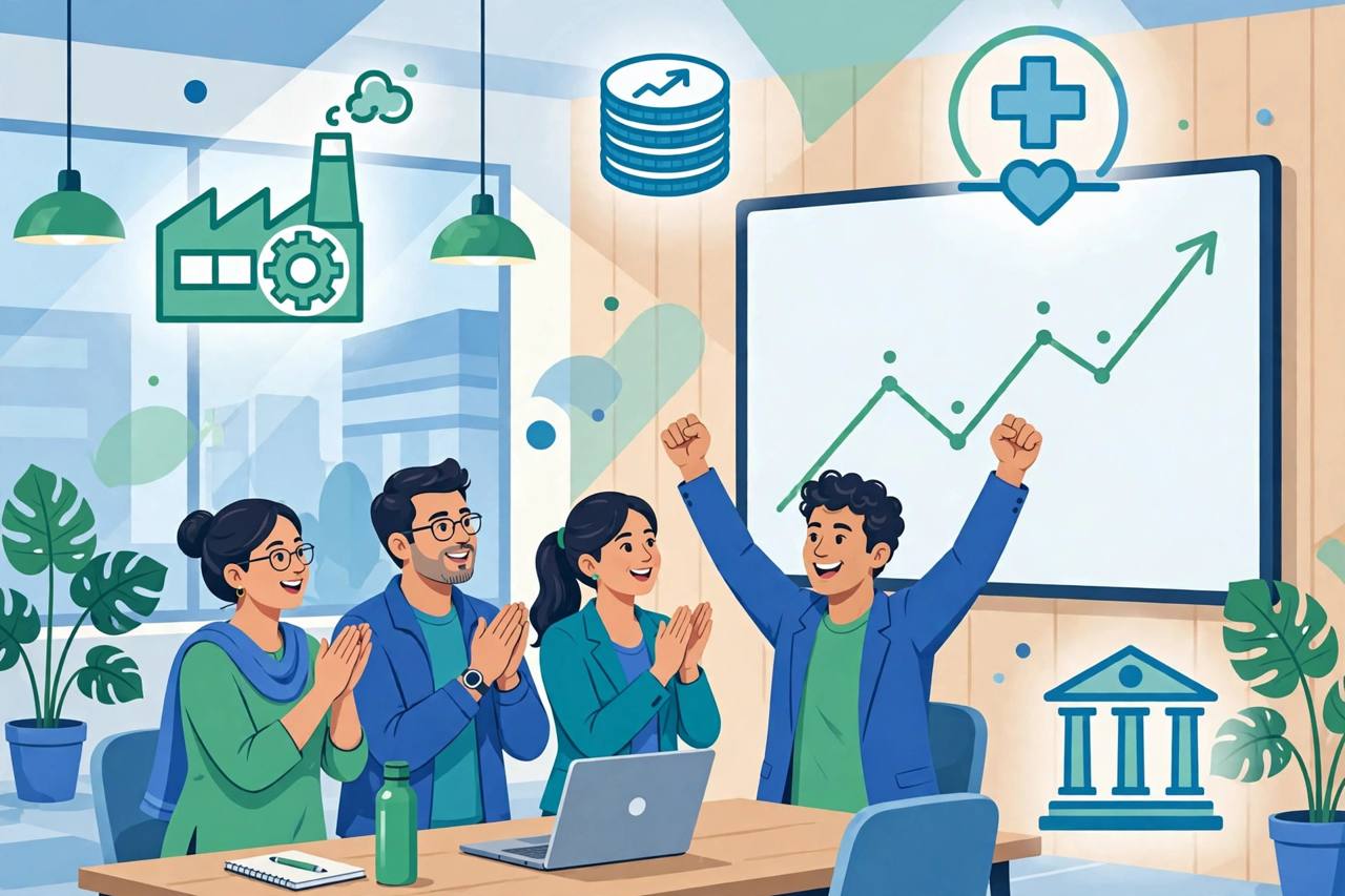 Editorial illustration of generic IT professionals celebrating a rising results chart with factory, bank and healthcare symbols around them