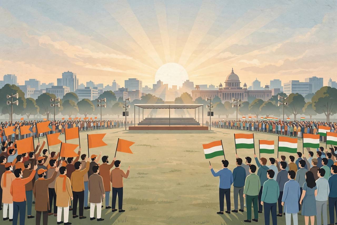 Editorial illustration of two opposing political rally crowds facing each other across an open Delhi maidan, generic figures holding blank saffron flags on one side and blank tricolour-style flags on the other, with an empty rally stage between them
