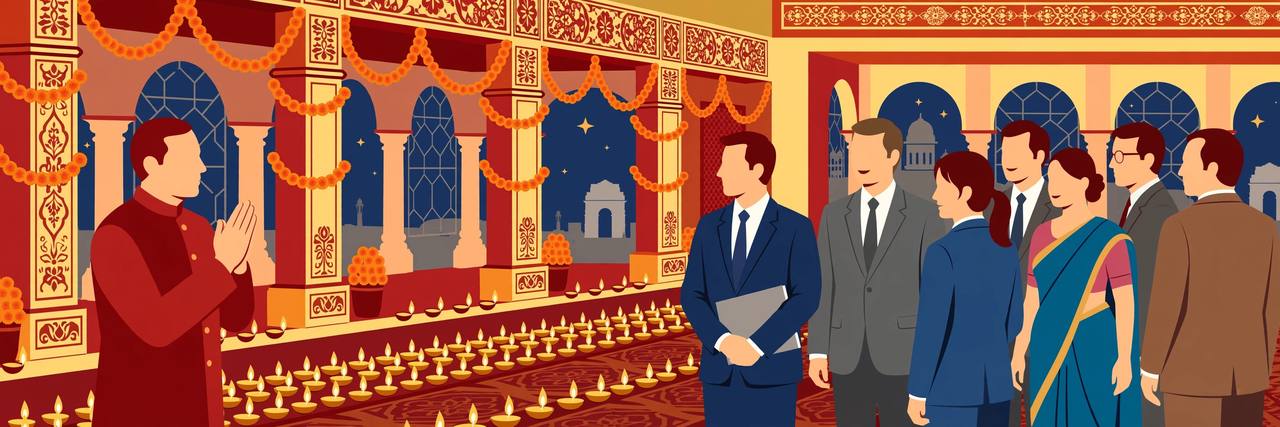 Editorial illustration of a Diwali reception in a decorated hall in New Delhi, with rows of glowing oil lamps and marigold garlands, a generic host in a Nehru jacket greeting generic foreign diplomats
