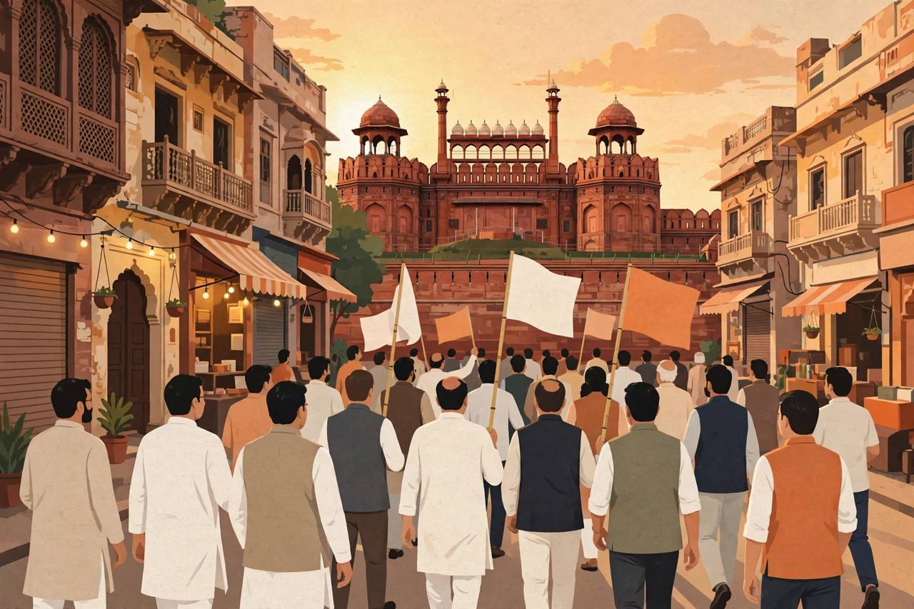 Editorial illustration of a generic political march in Delhi's Chandni Chowk area, with party workers carrying plain flags and the Red Fort in the background