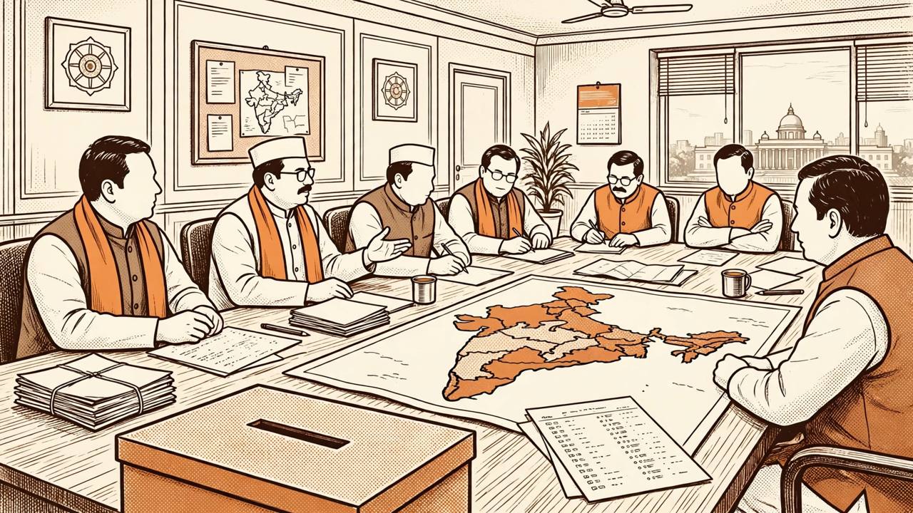 Editorial illustration of generic political leaders at a conference table with a voter list, a map of Indian states and a ballot box