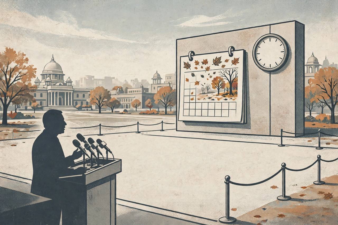 Editorial illustration of a press conference podium in New Delhi with a generic speaker and an empty rally ground behind; no real person depicted