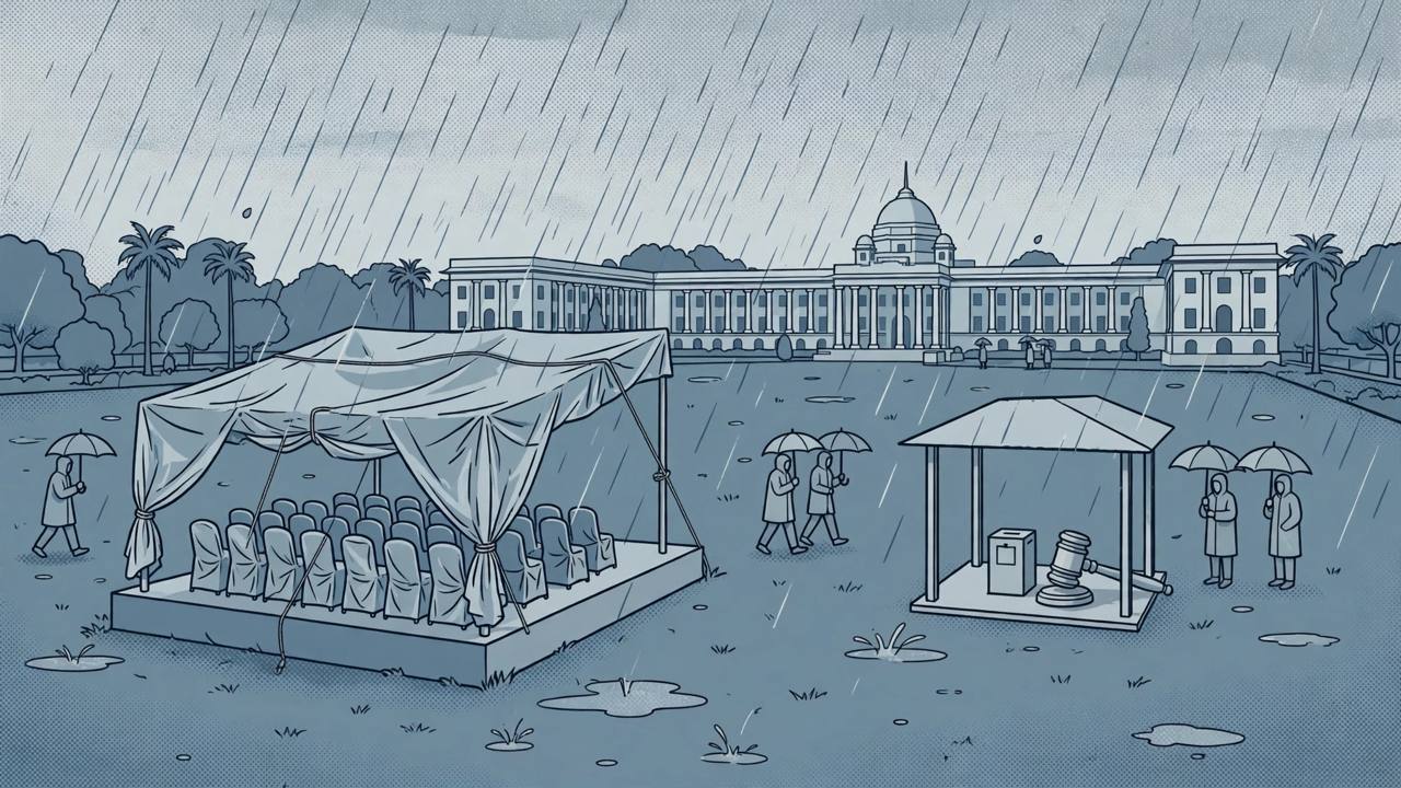 Editorial illustration of heavy rain over a government residence lawn in New Delhi with an empty covered stage, a ballot box and a gavel under a shelter