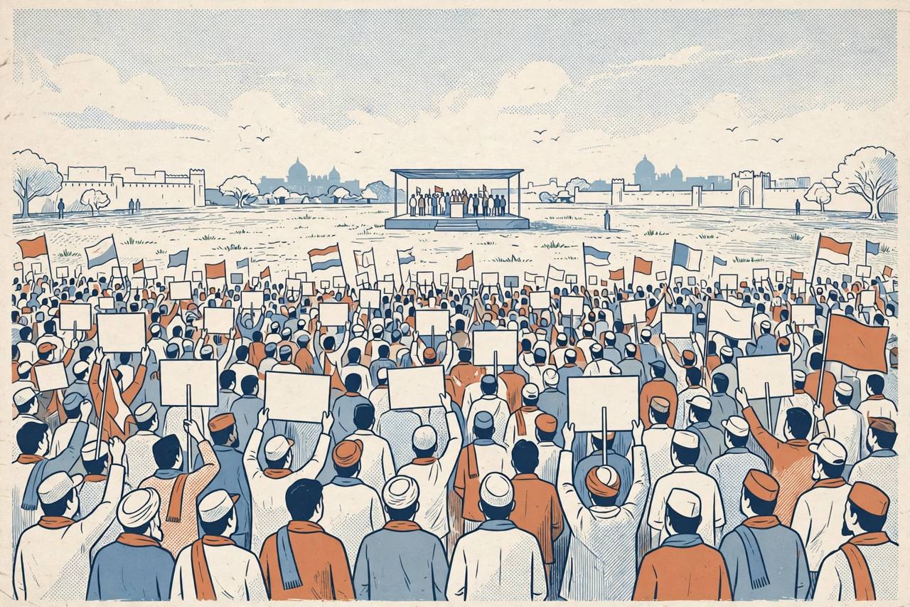 Editorial illustration of a generic political rally crowd with blank placards at an open maidan ground in Delhi