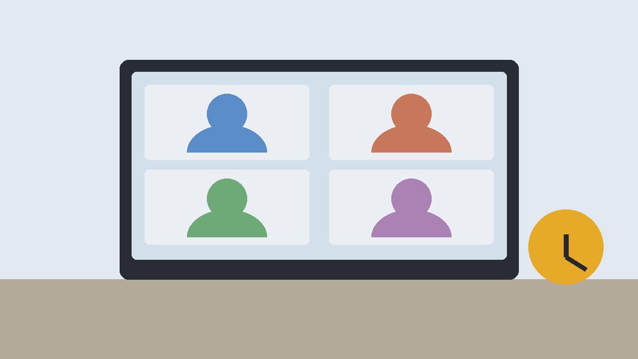 Editorial illustration of a laptop video-conference grid with generic silhouetted participants and a clock — flat style, no text, no real person's face
