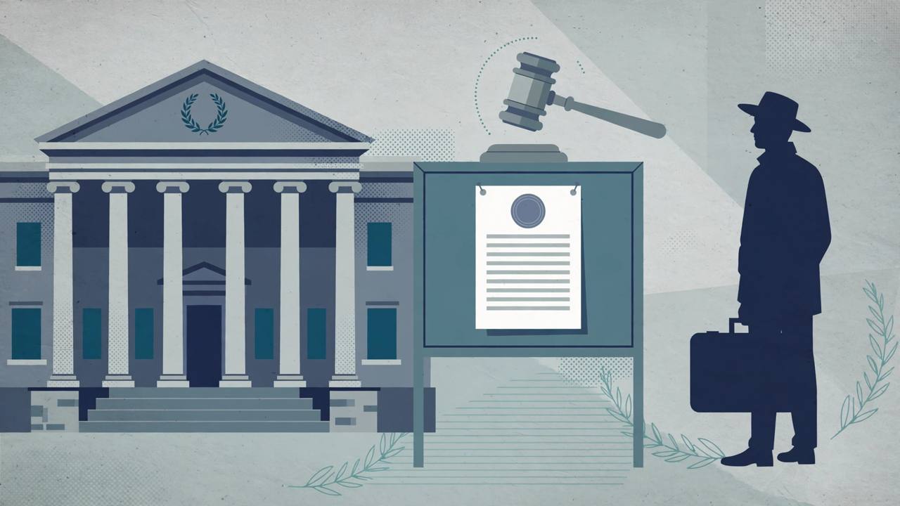 Editorial illustration of a high court building, a gavel pausing above an official notice, and a generic traveller silhouette, flat style, no real person's face