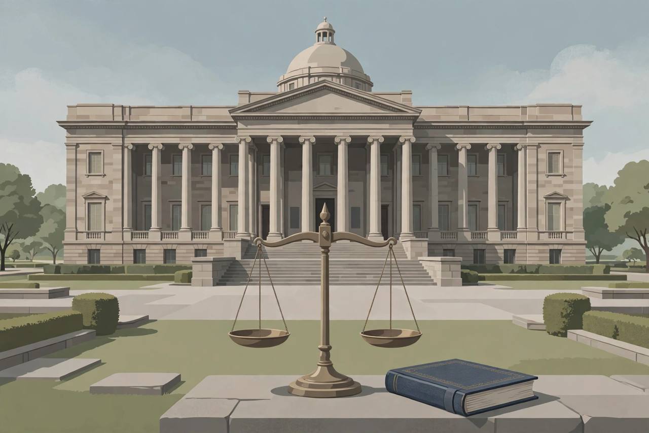 Editorial illustration of an Indian high court building with scales of justice and a law book