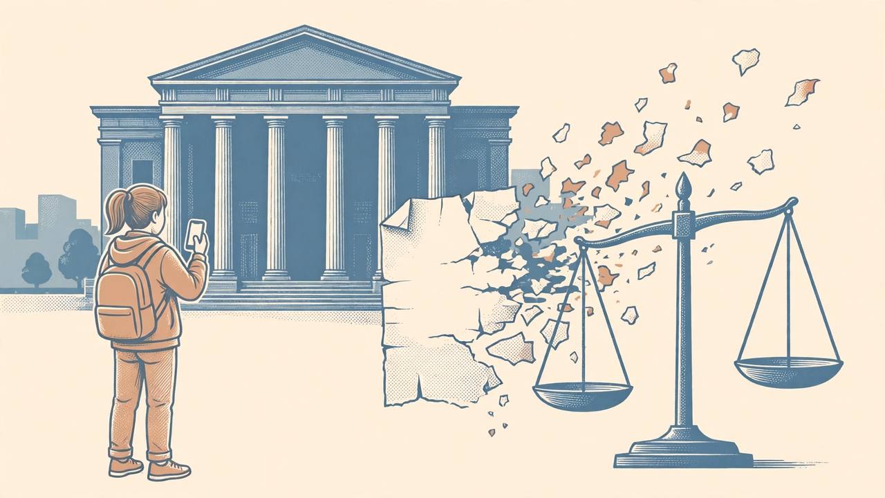 Editorial illustration of a courthouse, a generic student with a smartphone, and a torn document beside the scales of justice