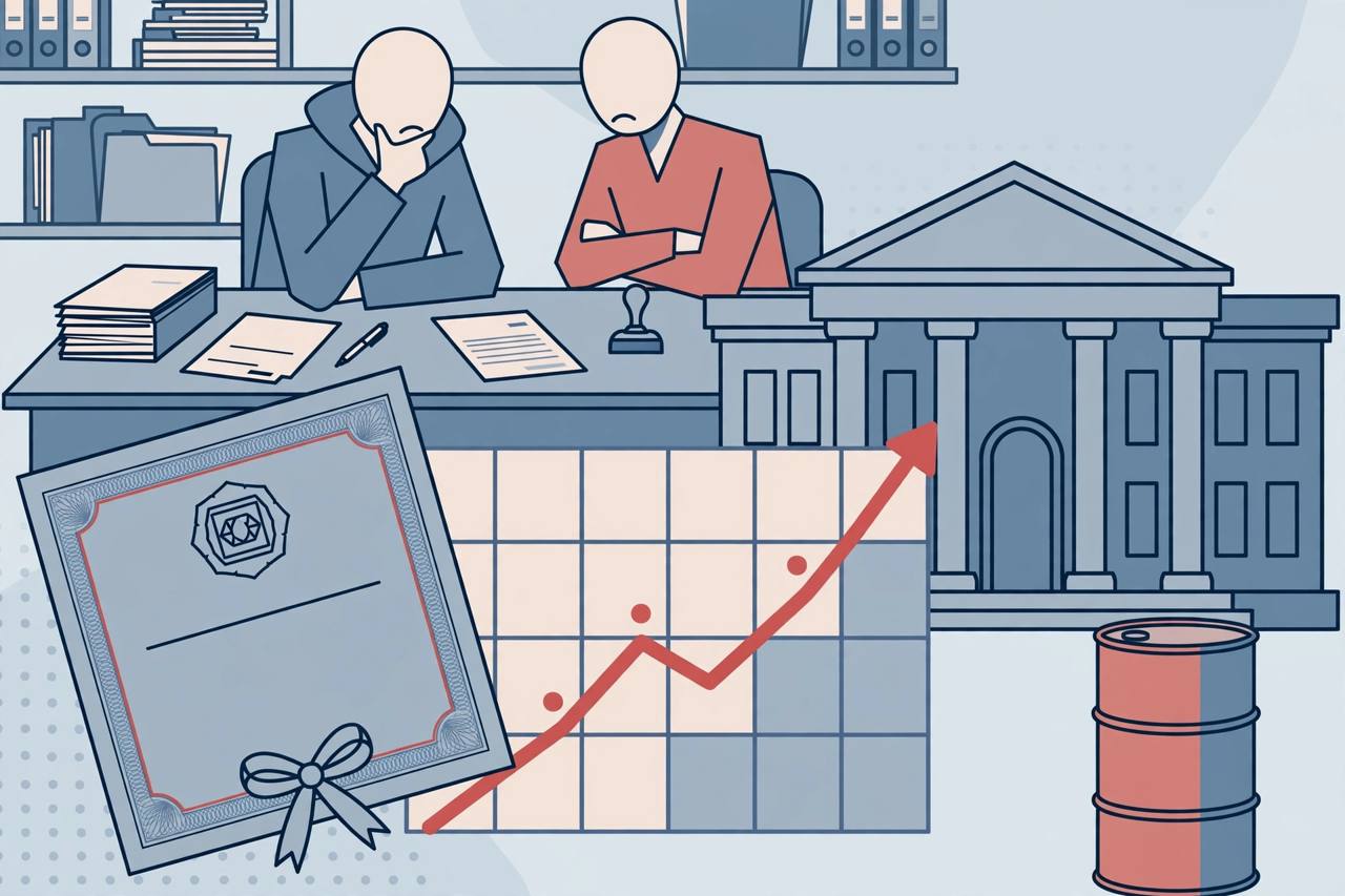 Editorial illustration of a government bond certificate and a rising yield curve in front of a central bank building, with an oil barrel and generic traders in the background
