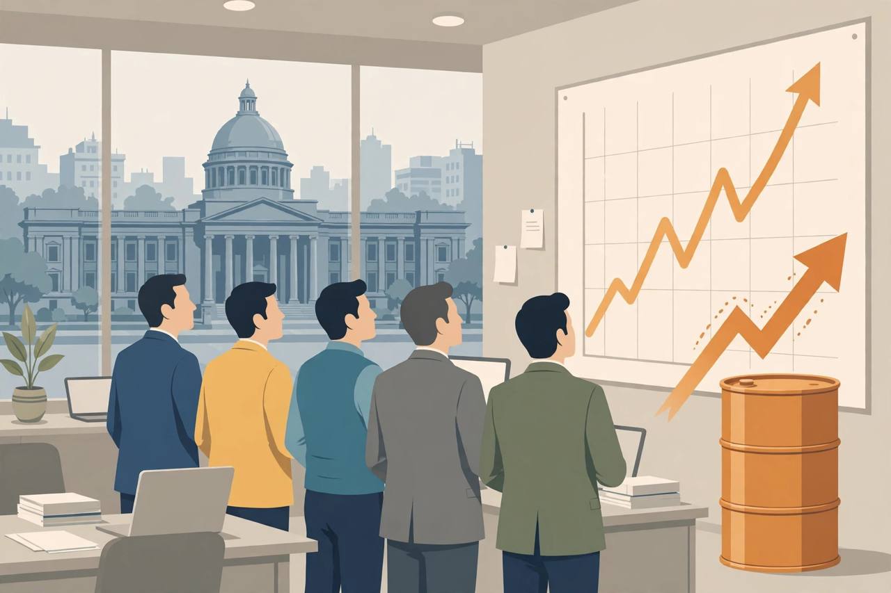 Editorial illustration of generic traders watching a rising bond yield chart beside an oil barrel in front of a central bank building