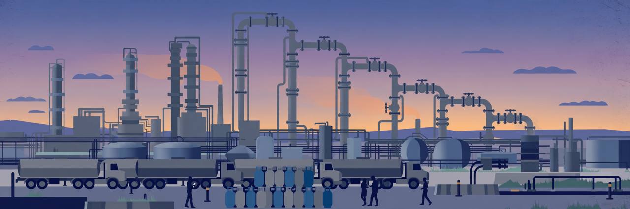Editorial illustration of an Indian oil refinery with tankers and LPG cylinders