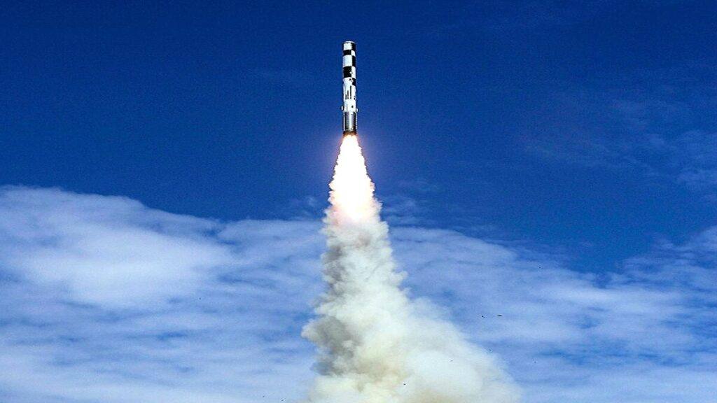 File photo of a BrahMos supersonic cruise missile rising into a blue sky on a column of flame and smoke during a test launch