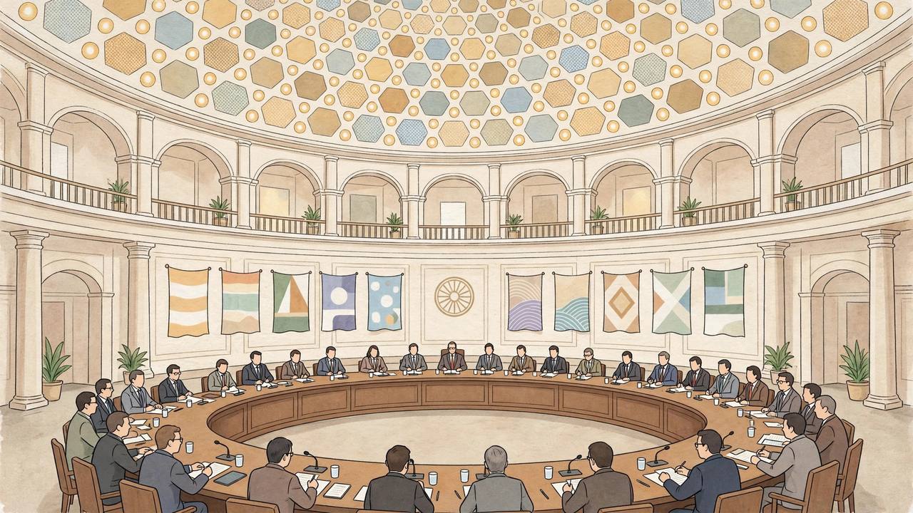 Editorial illustration of generic parliamentary delegates seated around a large round table in a domed central hall