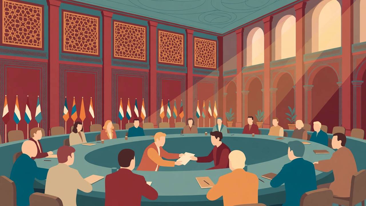 Editorial illustration of delegates from many nations around a round parliamentary table exchanging a joint declaration document, with national flags behind them