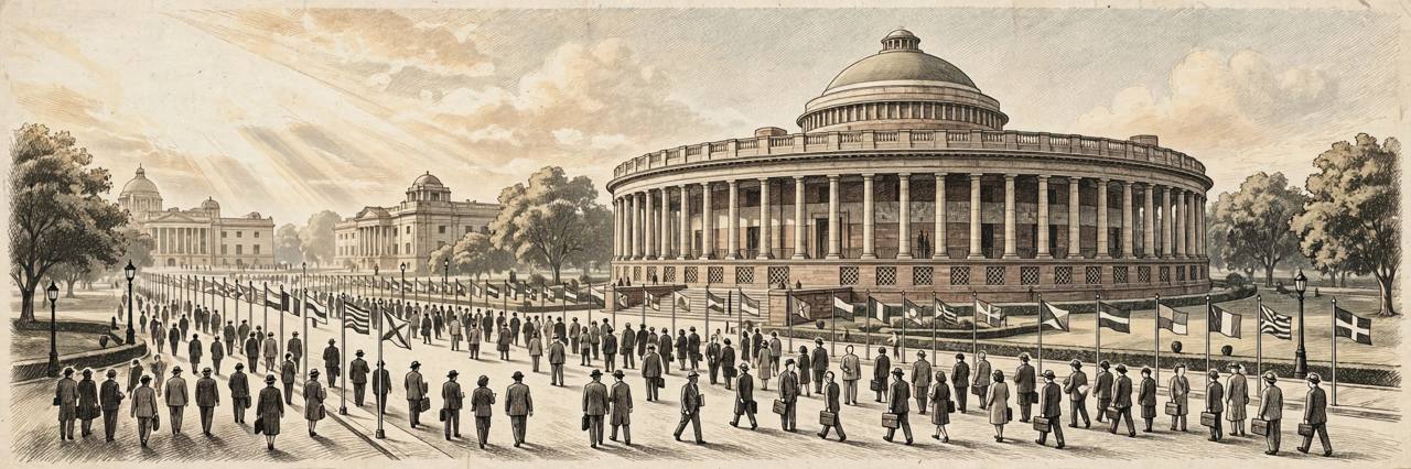 Editorial illustration of generic parliamentary delegates arriving at the historic Samvidhan Sadan hall in New Delhi with many national flags