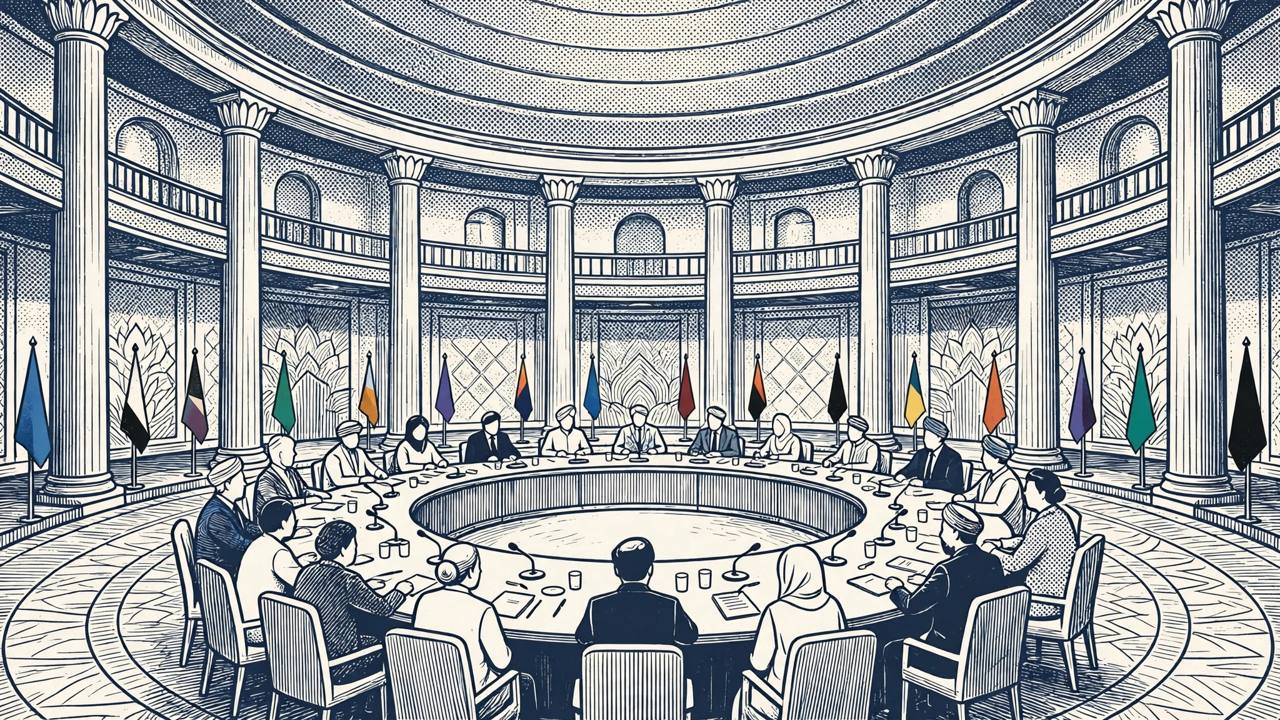 Editorial illustration of generic parliament delegates seated around a round table in a grand circular hall in New Delhi — flat style, no text, no real person's face