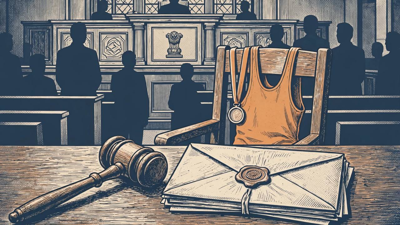 Editorial illustration of an Indian courtroom with a judge's gavel and a sealed envelope of legal documents on a desk, a wrestling singlet and medal draped over a chair in the background, generic figures only, no real person's likeness