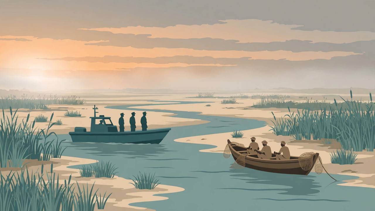 Editorial illustration of a BSF patrol boat approaching a small fishing boat in the marshy Sir Creek channel at dawn