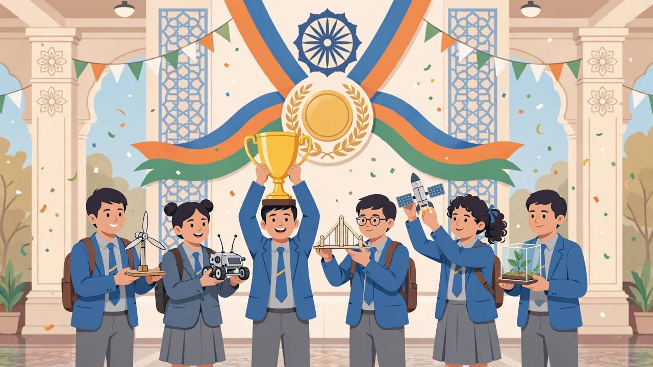 Editorial illustration of generic Indian school students holding prototype models and a trophy at a national felicitation ceremony in New Delhi