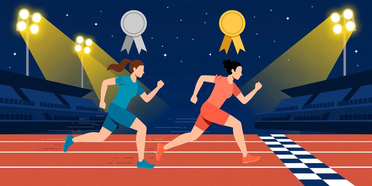 Editorial illustration of two generic women para sprinters racing towards a finish line under stadium floodlights with gold and silver medal motifs — flat style, no text, no real person's face