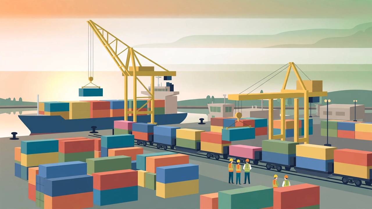 Editorial illustration of a busy Indian container port with colourful shipping containers, a crane loading a cargo ship and freight train wagons, generic workers in safety helmets, no real person's likeness