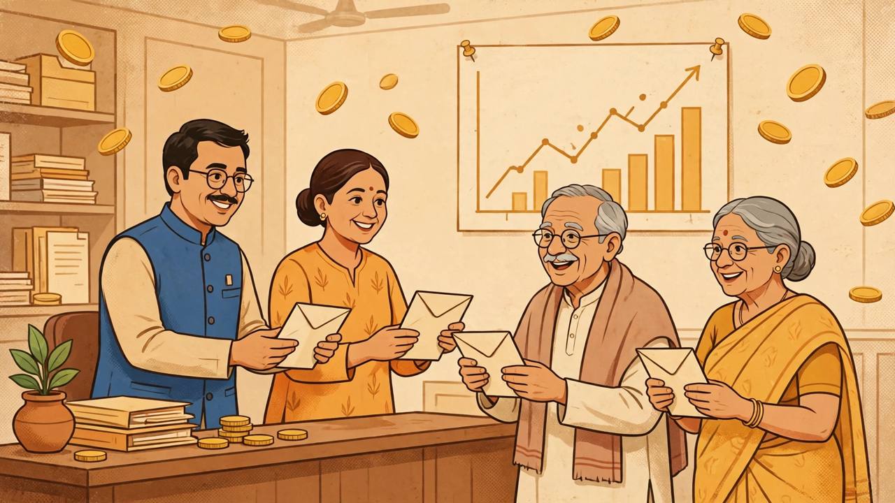 Editorial illustration of Indian government employees and elderly pensioners smiling as they receive salary and pension envelopes, with rupee coins and a rising allowance chart behind them, generic figures only