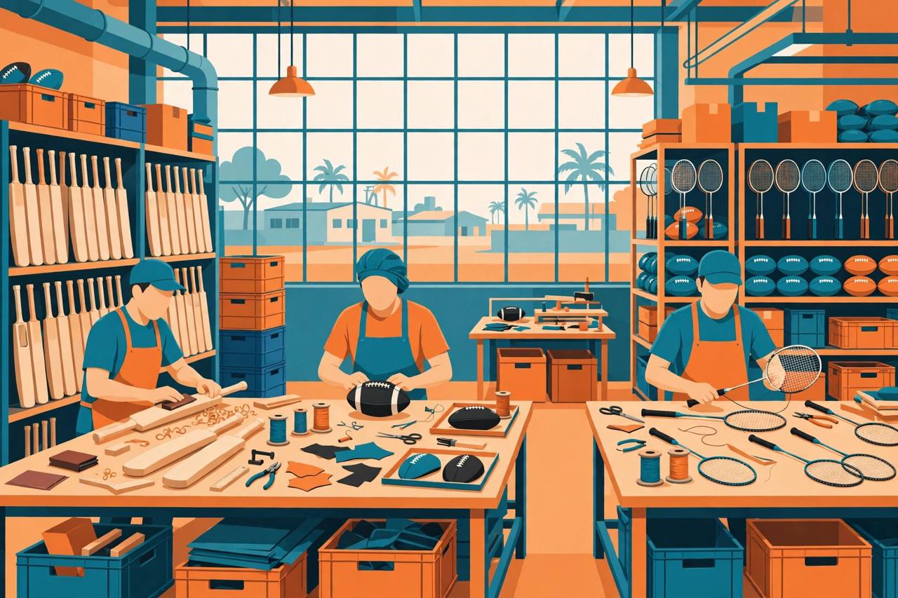 (Editorial illustration) Generic workers making cricket bats, footballs and rackets in an Indian sports goods factory.
