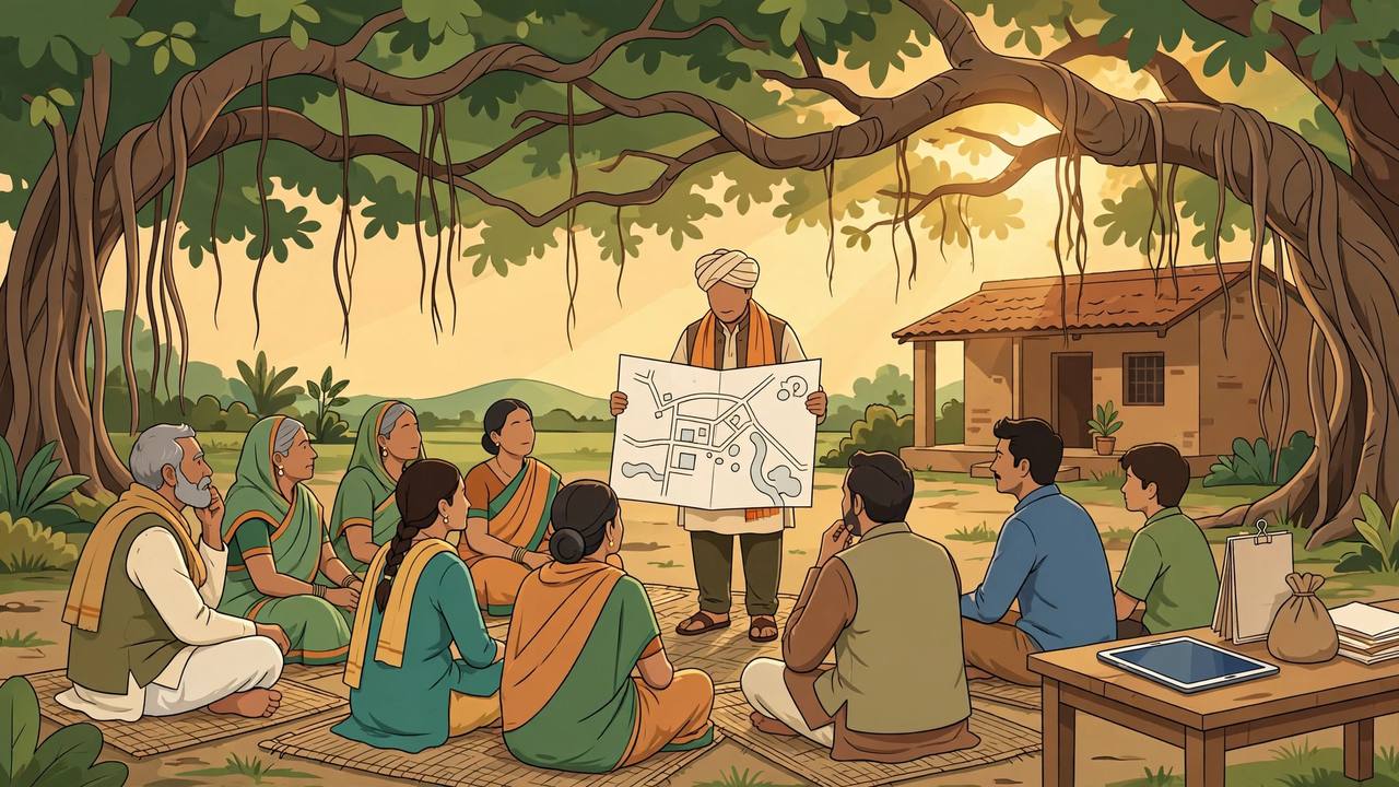 Flat editorial illustration of a village panchayat meeting under a large banyan tree, with a sarpanch holding a village development plan map before seated villagers and a panchayat office in the background