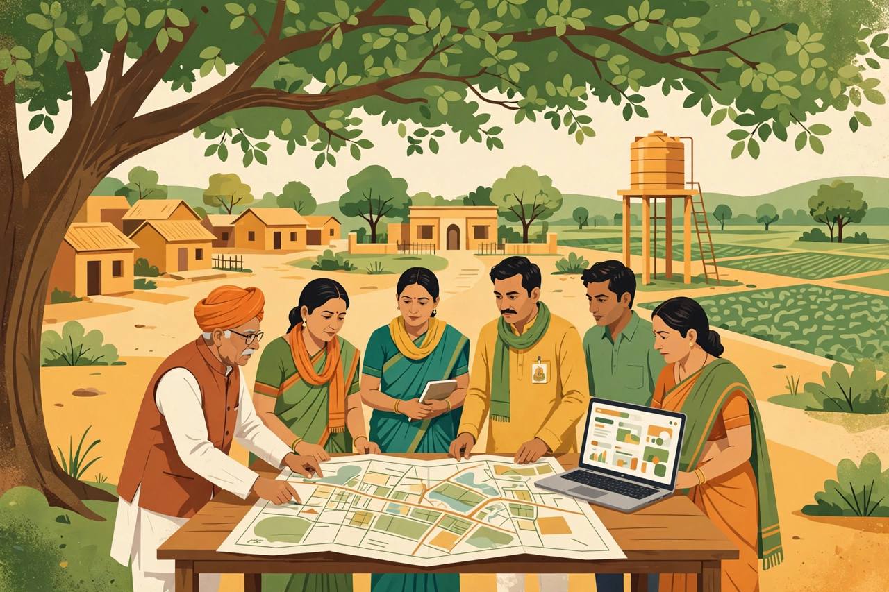 Editorial illustration of villagers and panchayat representatives planning village development around a map under a large tree