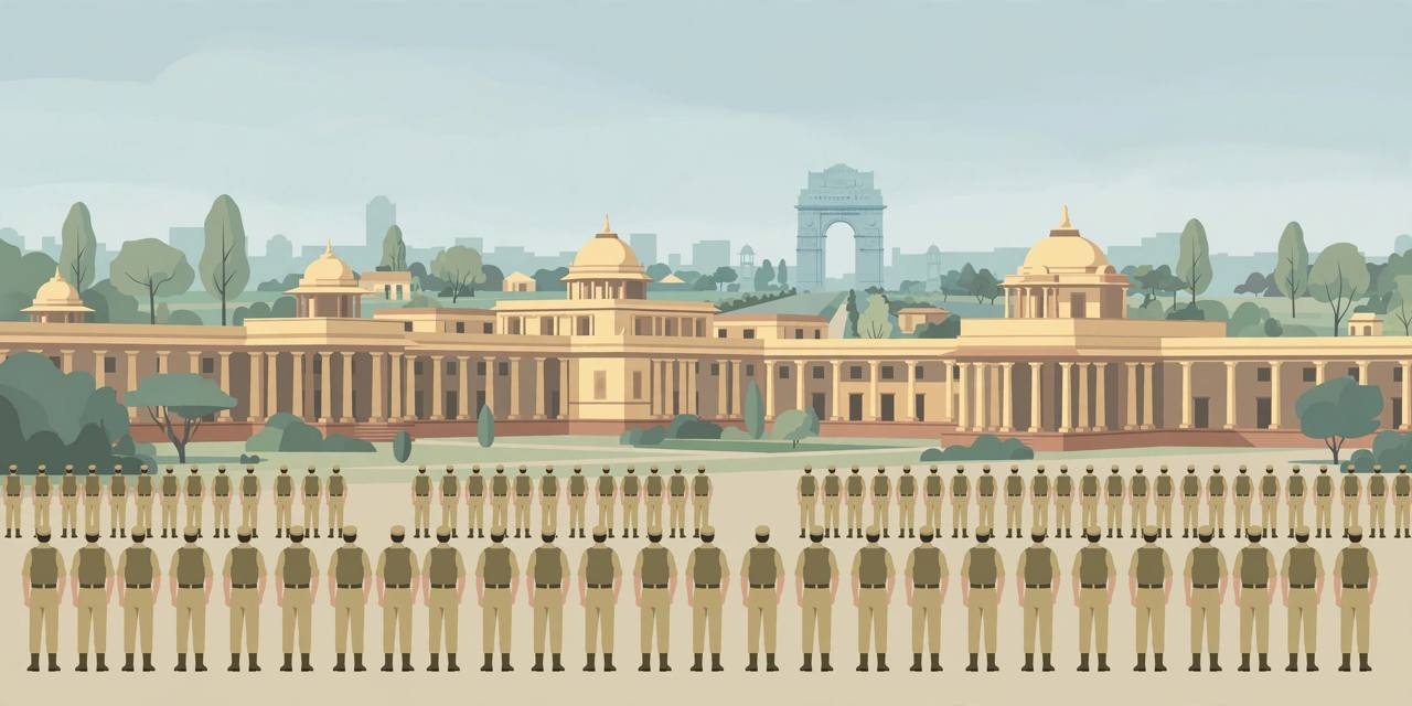 Editorial illustration of paramilitary personnel in formation in front of government buildings in Delhi