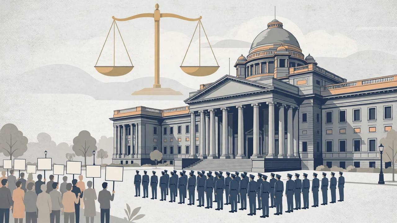 Editorial illustration of a courthouse with a large balance scale above it, rows of uniformed central armed police personnel in front, and citizens holding blank placards to one side