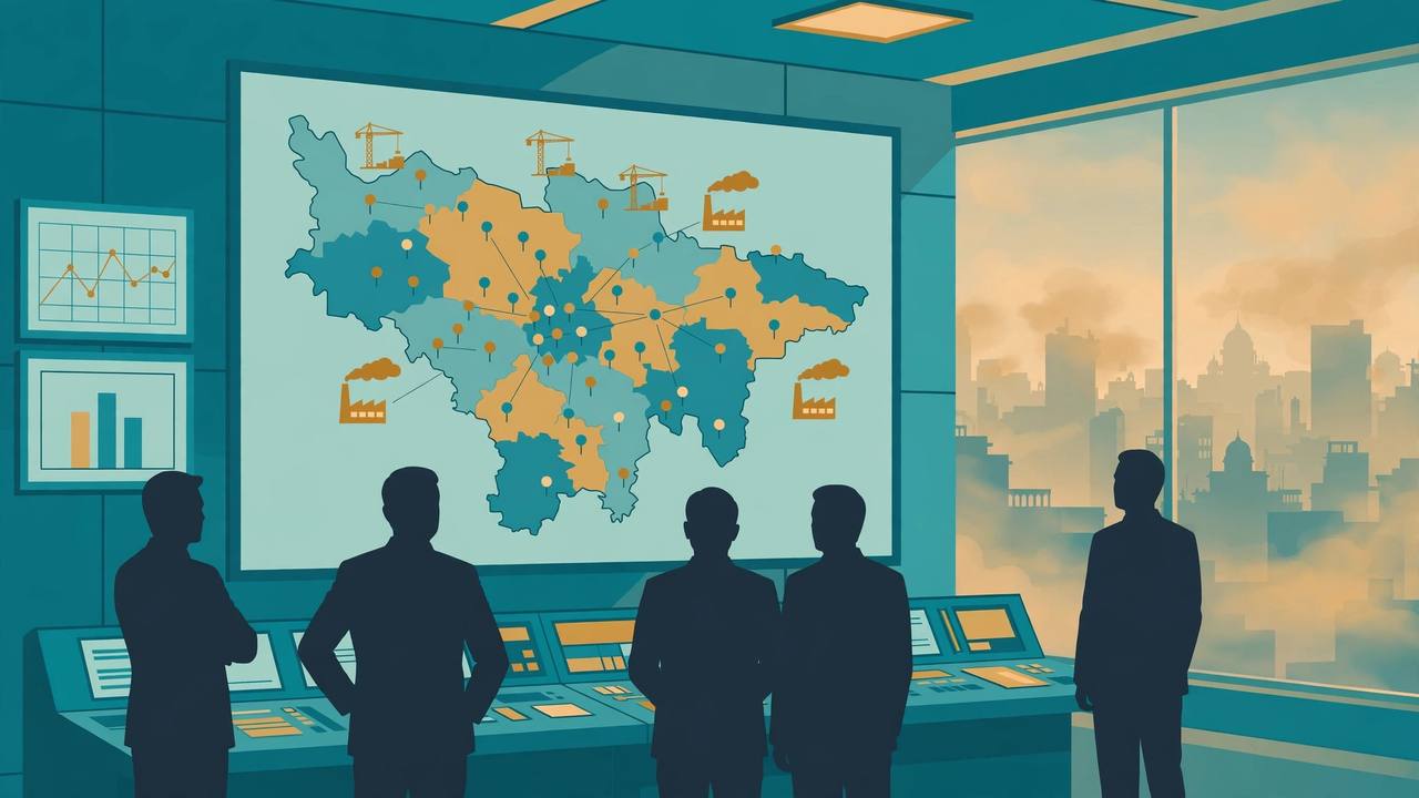 Editorial illustration of officials watching a large Delhi-NCR air quality map inside the CAQM PAVAN command centre, with smog over the city skyline outside