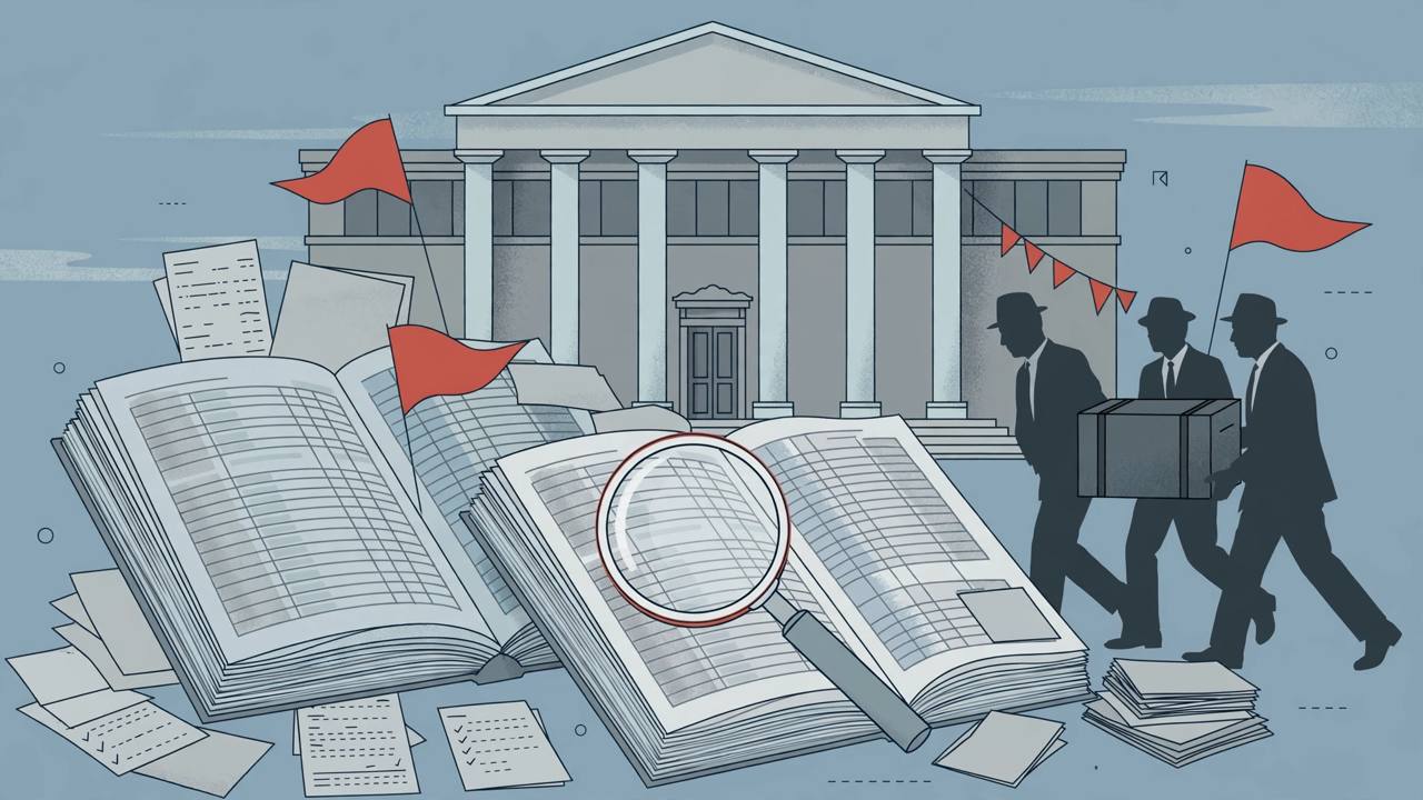 Editorial illustration of a bank building, oversized loan ledgers under a magnifying glass, red warning flags and investigators carrying a document box