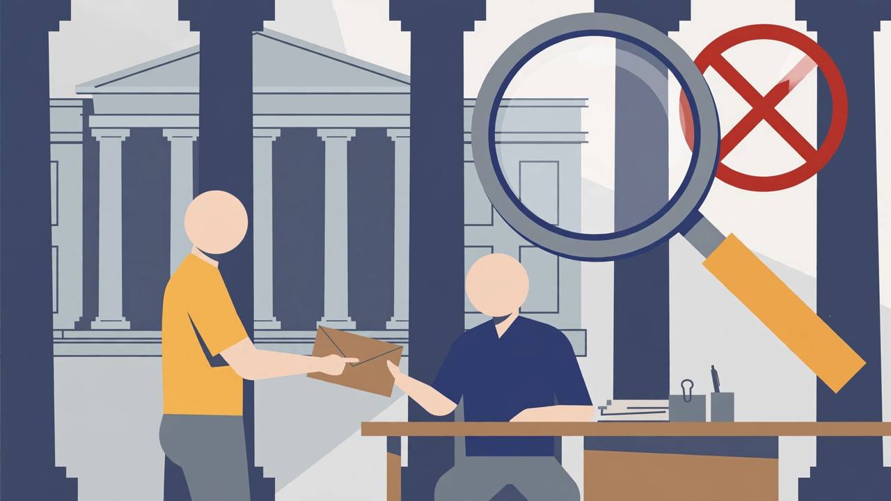 Editorial illustration of two generic faceless figures exchanging a brown envelope at an office desk in front of a courthouse, with a magnifying glass and a red prohibition sign, flat style