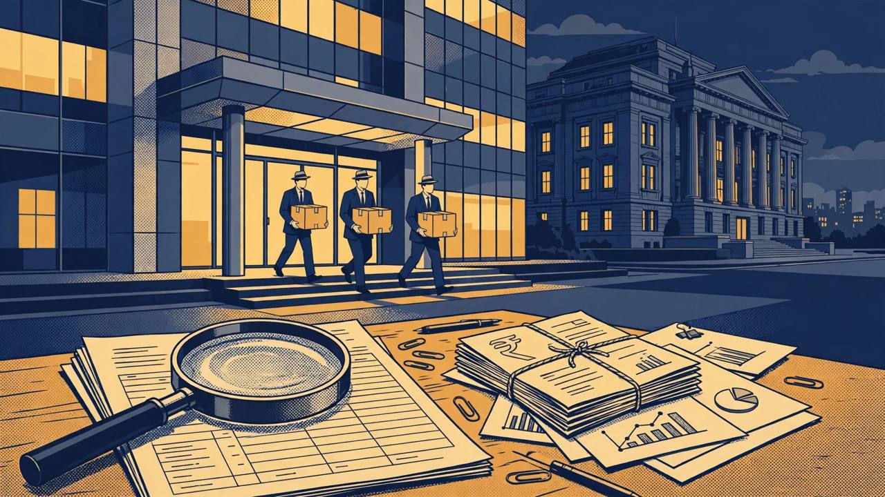 Editorial illustration of generic investigators carrying sealed document boxes out of a corporate office tower, with loan ledgers in the foreground