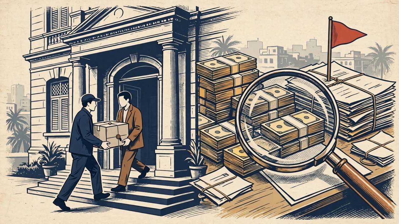 Editorial illustration of investigators carrying a sealed document box out of a government office, with stacks of cash and property files under a magnifying glass