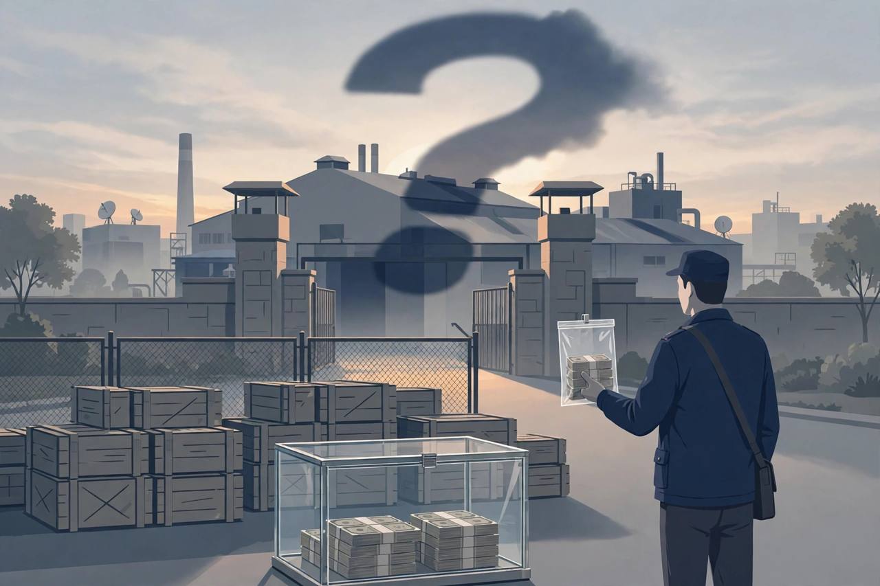 Editorial illustration of an investigator holding a sealed evidence bag outside a defence factory gate, with ammunition crates behind a fence