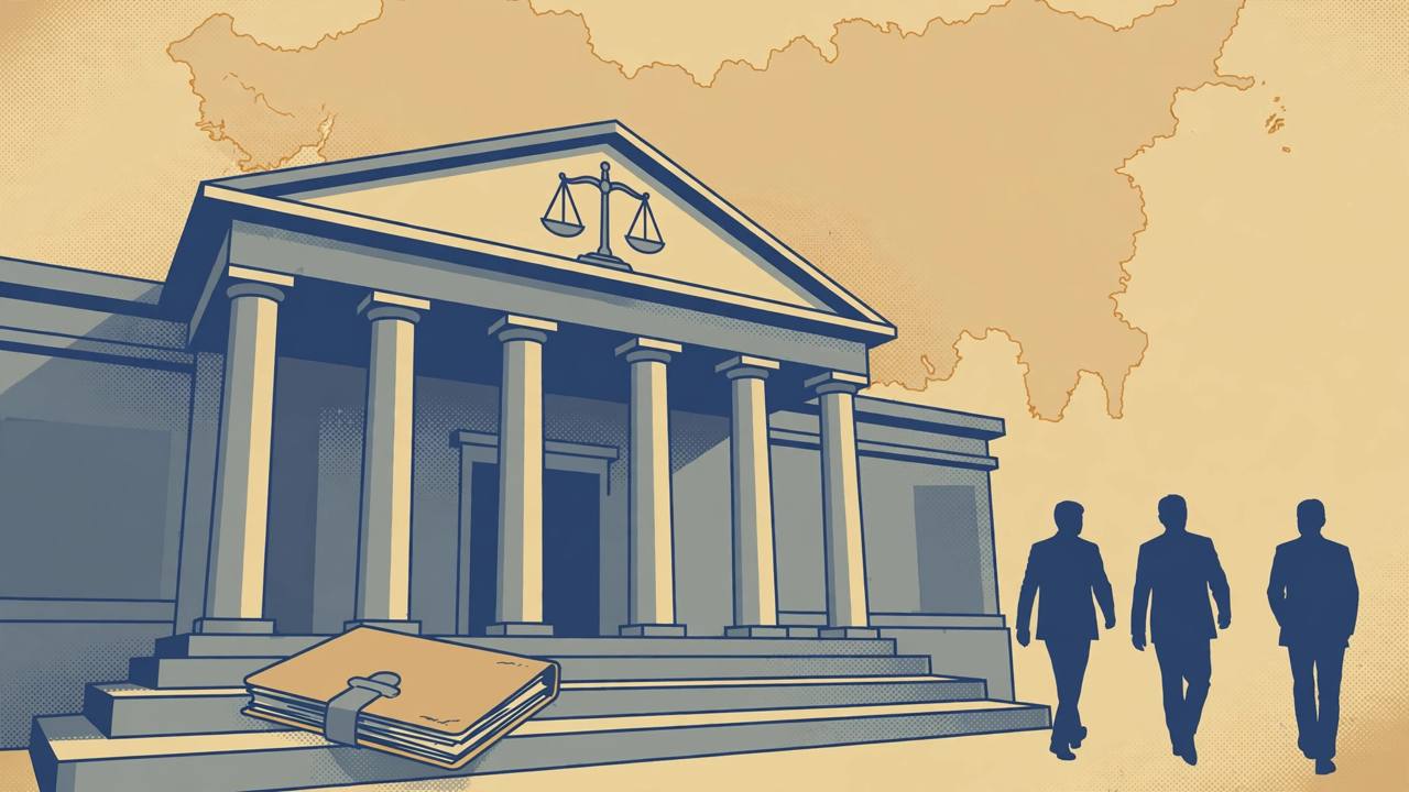 Editorial illustration of a courthouse with scales of justice, a closed case file on the steps and a map outline in the background, with generic silhouetted figures, no real person's likeness