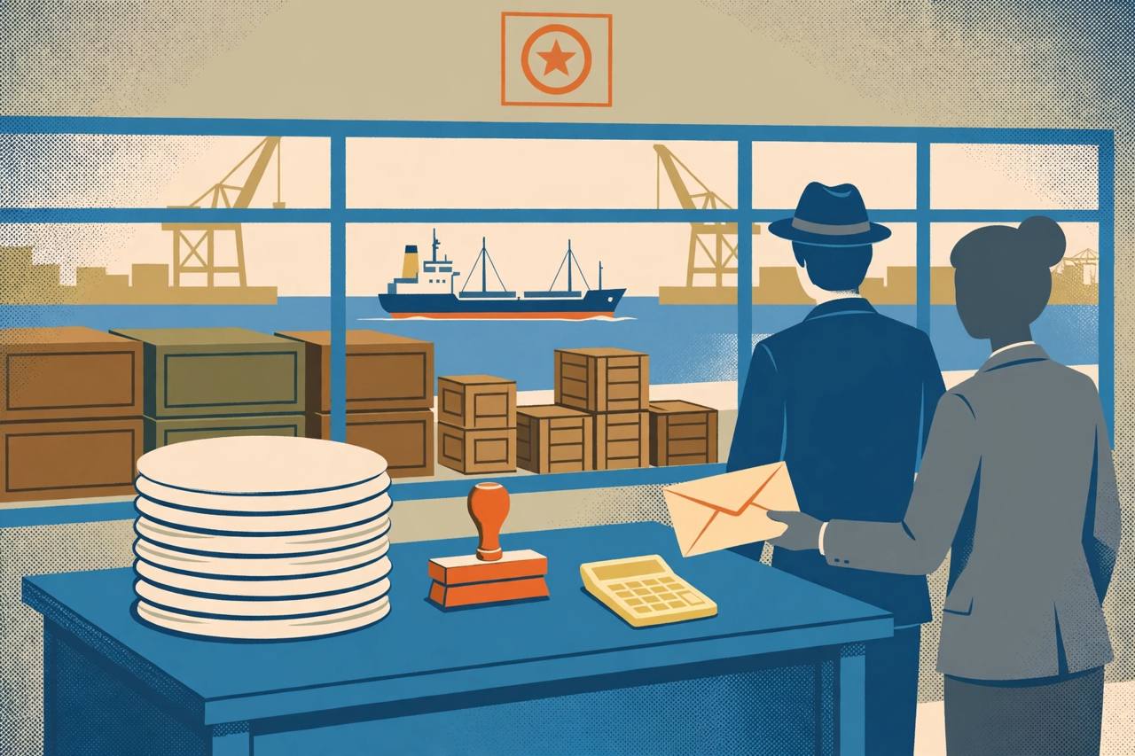 Editorial illustration of eight official circular documents on a tax office desk with a stamp, calculator and export cargo in the background