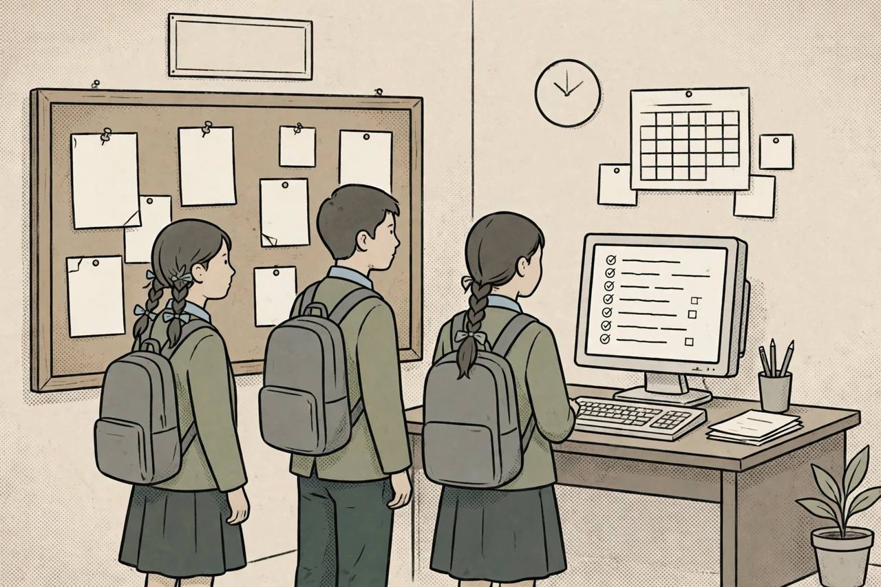 Editorial illustration of generic school students in uniforms checking a candidate list at a school office notice board